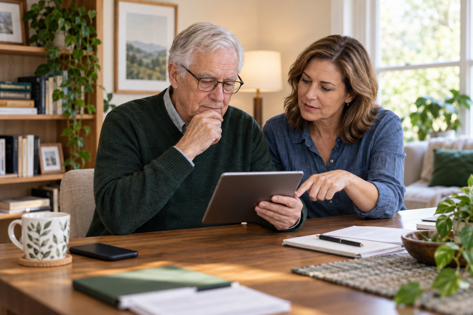An older adult and trusted family member reviewing a tablet together at home