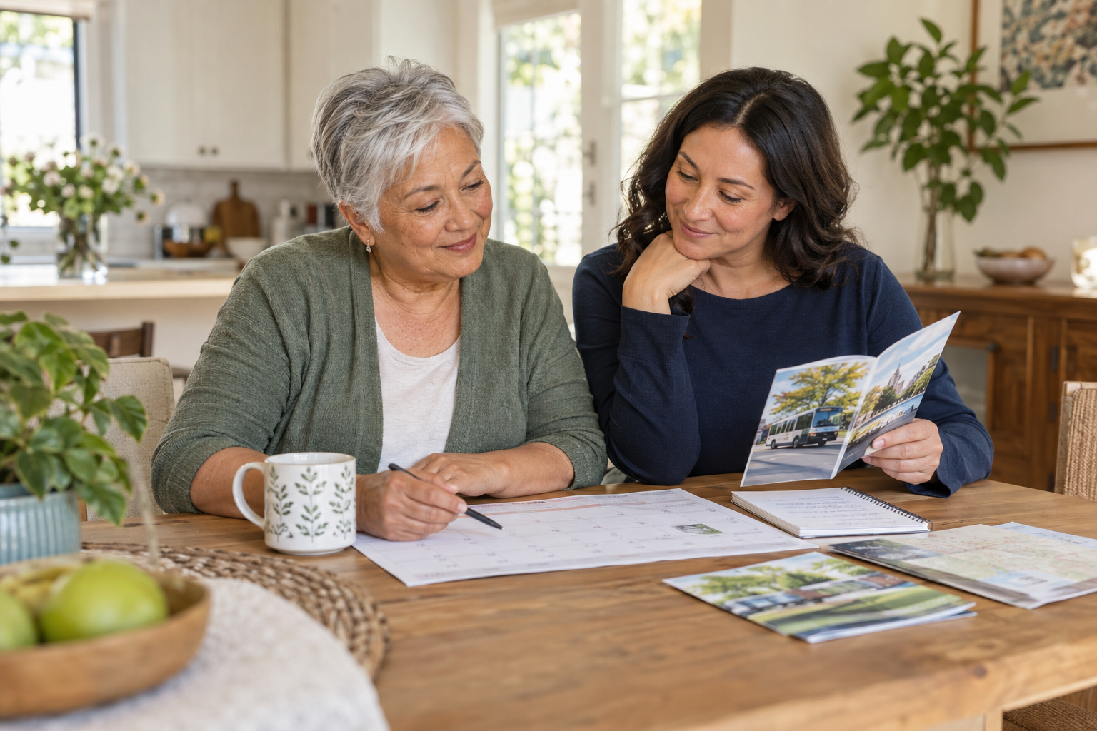 An older adult and family member reviewing a calendar and transportation options together at home