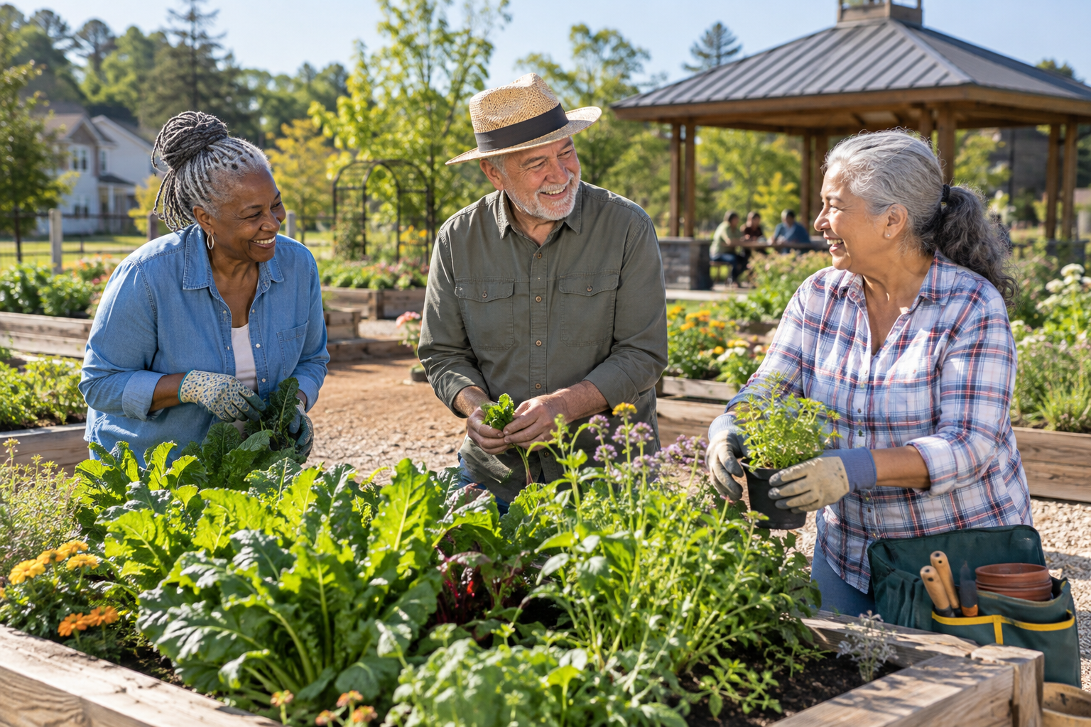 Older adults enjoying conversation while gardening together in a community garden
